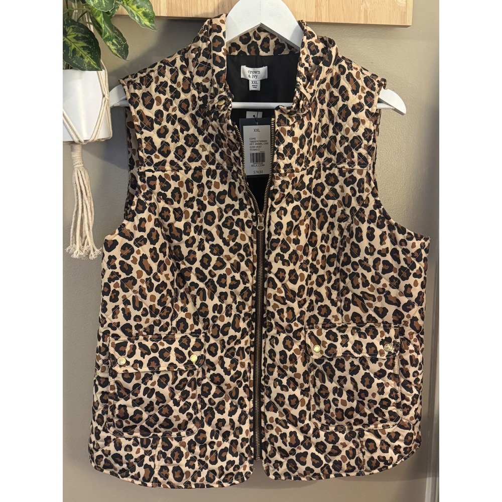 Crown & Ivy Women‎ XXL Leopard Print Quilted Icon Vest Brown Tan Full Zip NWT